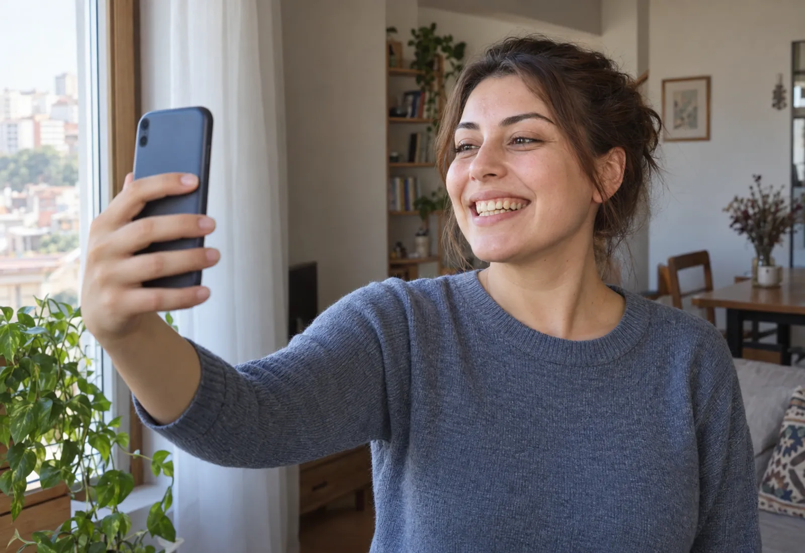 Evinde pencere önünde duran bir kadın, gün ışığında telefonuyla kendi gülüşünün fotoğrafını çekiyor