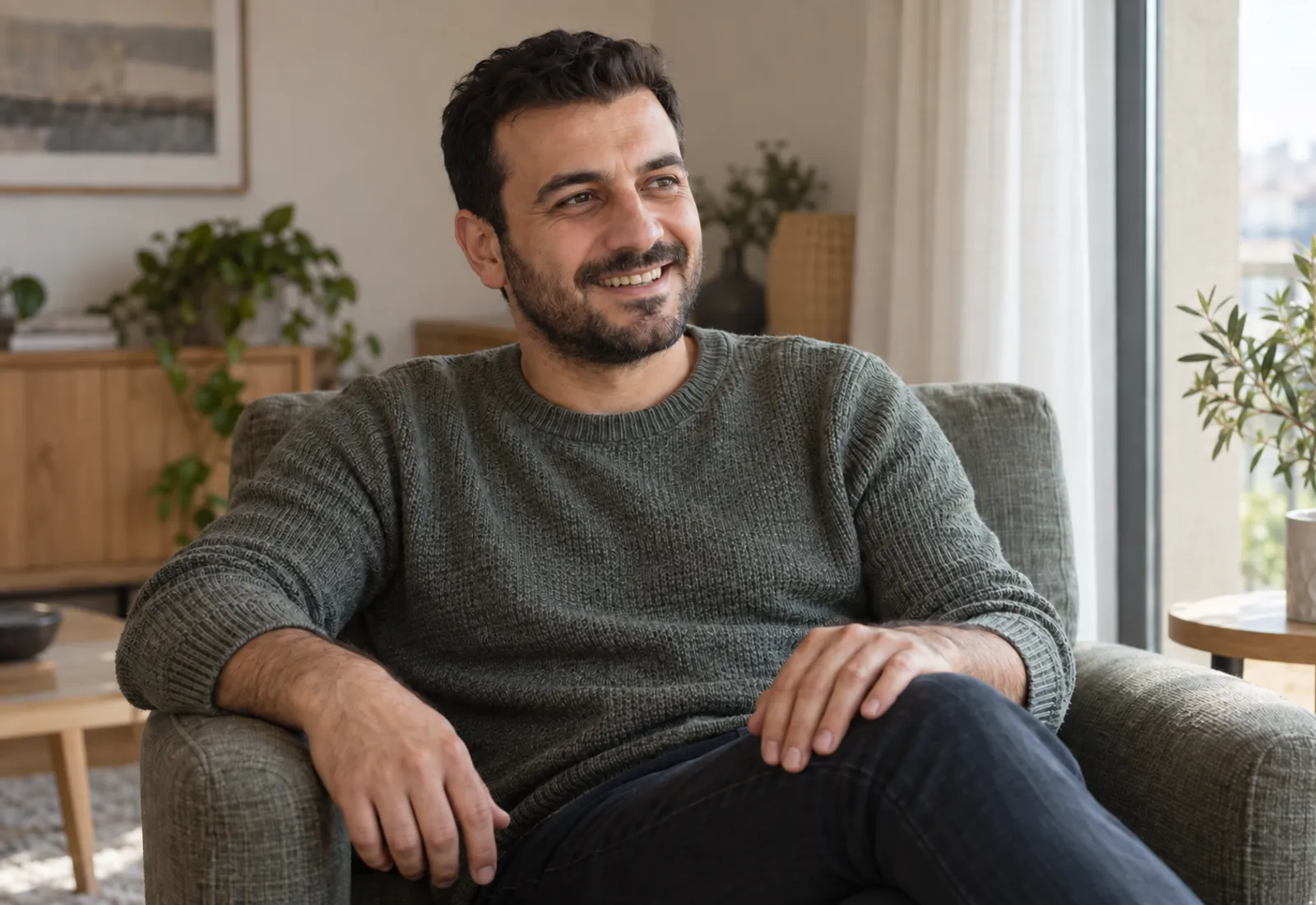 Otuzlu yaşlarının sonunda kısa sakallı bir adam, evinde koltukta otururken gülümsüyor