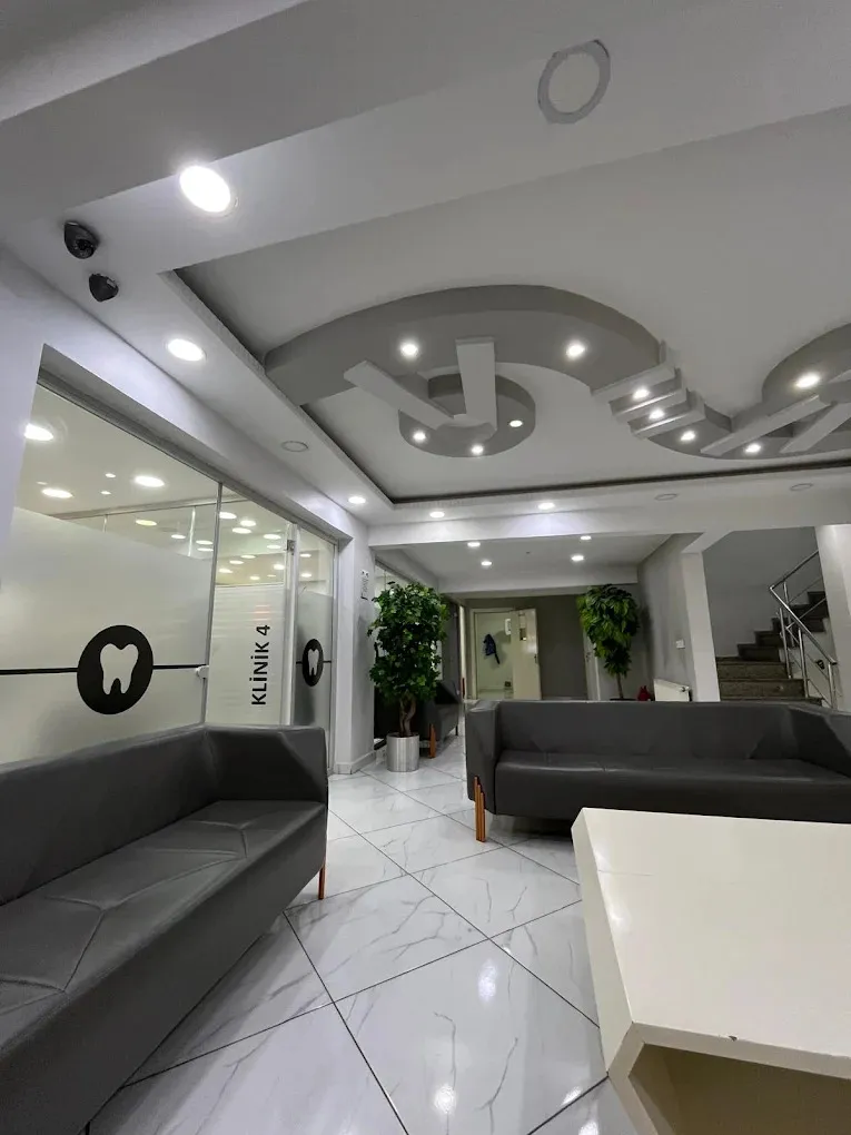 İstanbul şubesinde bekleme salonu: gri deri kanepeler, saksı bitkileri ve buzlu camlı tedavi odası kapıları