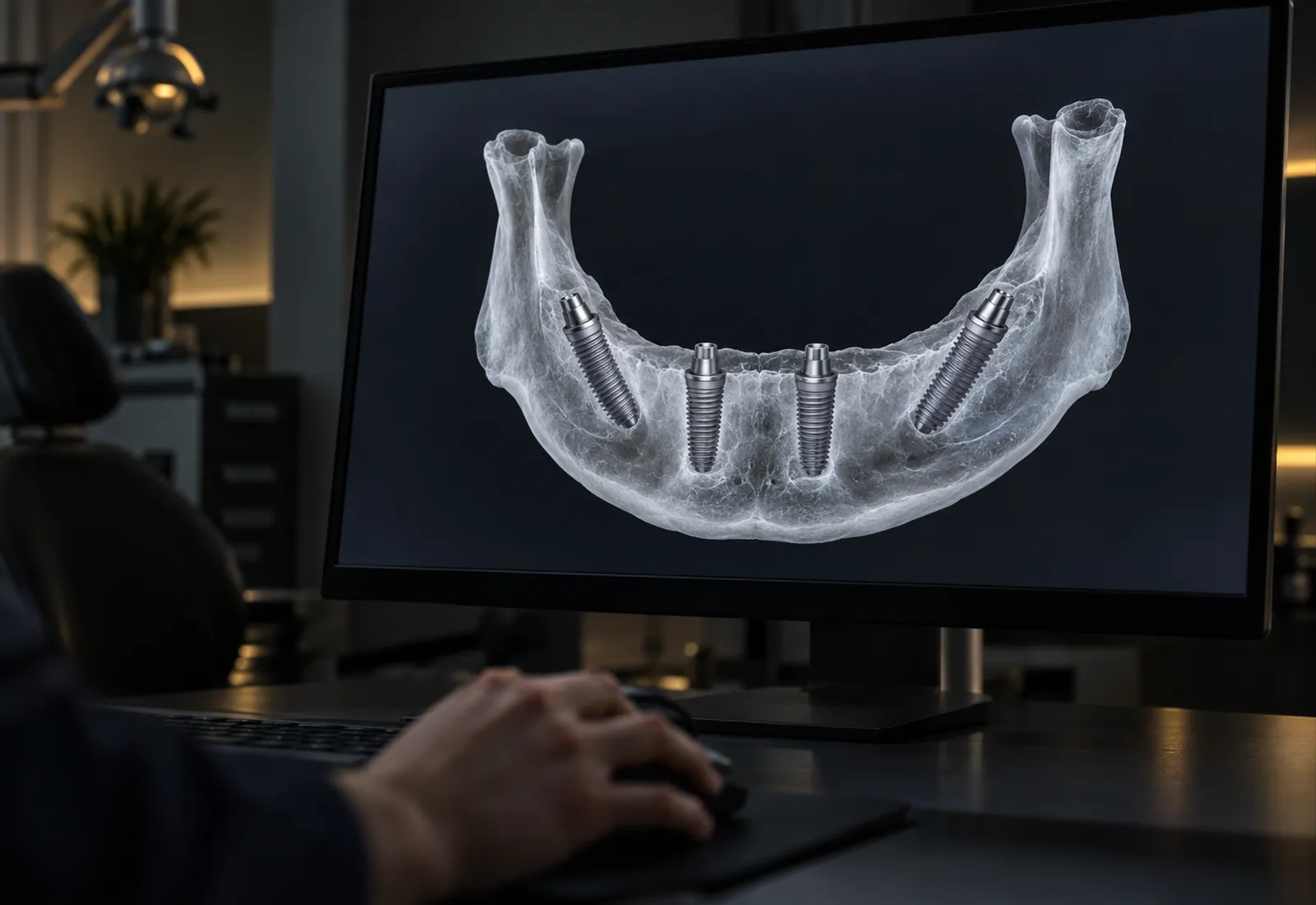 Karanlık muayene odasında ekranda alt çenenin üç boyutlu implant planı