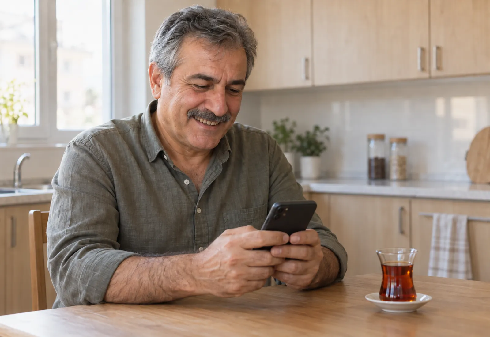 Ellili yaşlarında bir adam, evinde mutfak masasında telefonundaki mesajı okuyup gülümsüyor